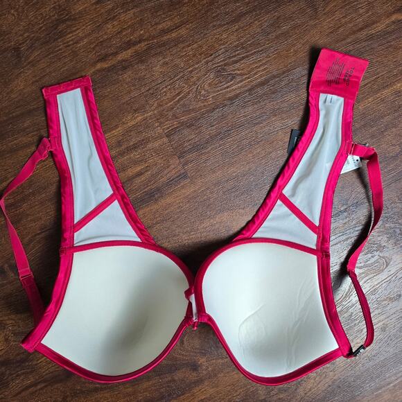 Plunge Push-Up Embroidered Lace Straight Back Bra - 42DDD - :Lipstick Red - Picture 5 of 12